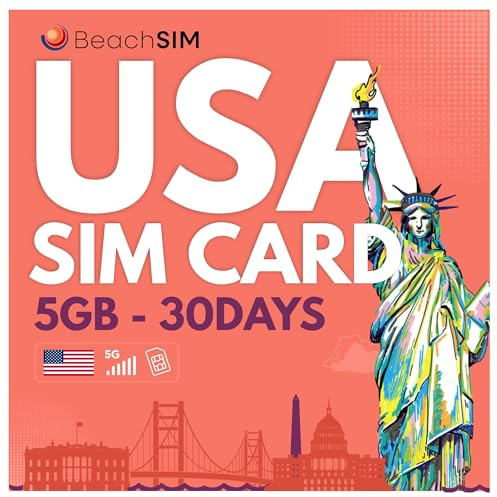 BeachSIM Tarjeta SIM USA 30 días. 5GB de Datos prepago Solo Datos a Velocidad 4G/5G. Recarga fácil y activación rápida. Funciona en Dispositivos iOS y Android.