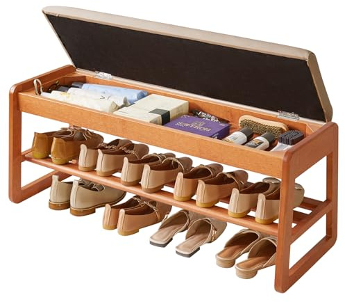 Aibiju Banco Zapatero con Cojín, Banco de Almacenamiento con Asiento Acolchado, Zapatero de 90 cm con Cojín para Entrada, Sala, Pasillo y Dormitorio, Color Cerezo YD-WD062C