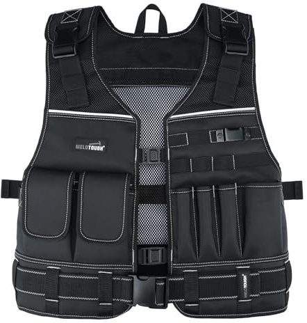 MELOTOUGH Tool Vest for Men with Belt, Adjustable Multi-Pocket Safety Tool Vest with Reflective Strips for Electrician, Construction, Carpenter, HVAC (Black)