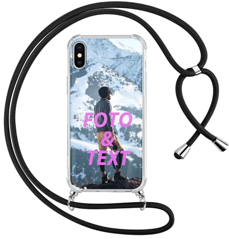 Xylota Personalisierte Handykette Handyhülle für iPhone X/XS mit Band, Personalisiert Hülle mit Selbst Gestalten Bild Text Foto, Individuelle Design Schwarz Silikon Schutzhülle für iPhone XS 5,8''