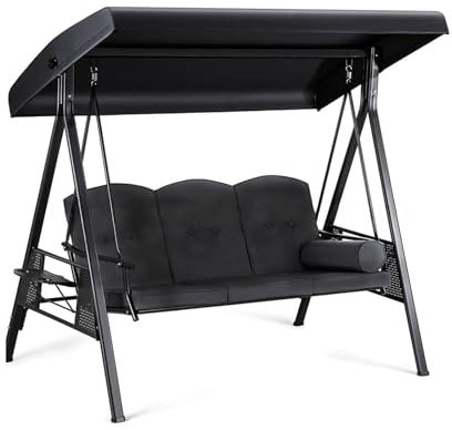 Swing Chair Canopy Replacement, 2 & 3 Seater Garden Swing Seat Canopies Cover Waterproof, Windproof, Anti-UV, Heavy Duty Rip Proof Hammock Top Cover 191x120x20cm(Cover Only) (Black, 210D)