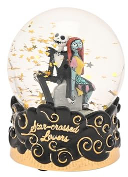 Disney Nightmare Before Christmas Snow Globe – Jack Skellington & Sally Figurines – Black & Gold Water Ball with Gothic Base – Christmas & Halloween Collectible Gift for Fans