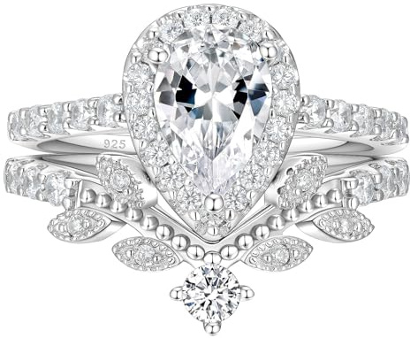SHELOVES Vintage 925 Sterling Silver Pear Halo Wedding Ring Sets for Women | Vine Wedding Band AAAAA Cubic Zirconia Engagement Rings Bridal Set for Her Sz J 1/2-T 1/2