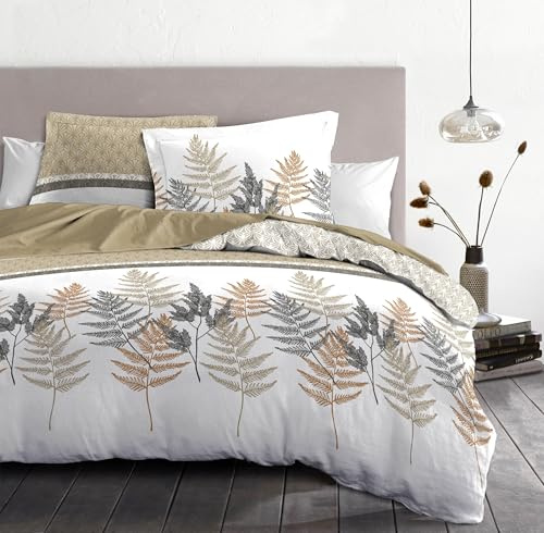 HOME LINGE PASSION Parure de Couette 240x260 cm – 3 pièces – Percale de Coton Douce – Housse + taie – Beige & Praline – Modèle La Marquise