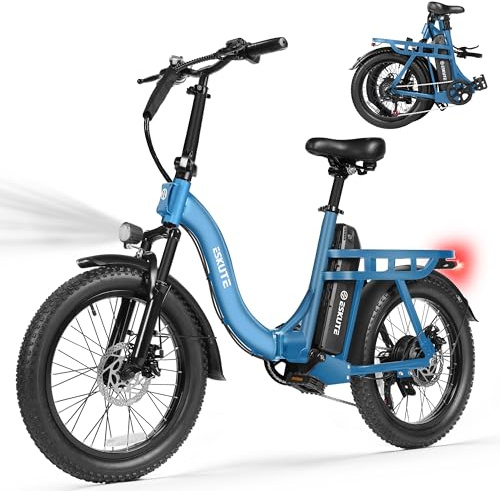 ESKUTE Electric Bike for Adults – 1200W Peak Motor, Folding 20x3 Fat Tire E‑Bike, 48V 10.4Ah Battery, Step‑Through Cargo Fold Ebike, 28 MPH, 7‑Speed, Up to 55 Miles