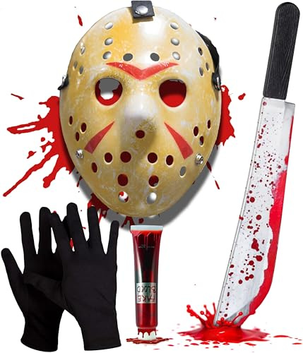 Mega_Jumble Adult Jason Voorhees Costume Set – Jason Hockey Mask, Gloves, Bloody Machete Prop & Fake Blood, Scary Killer Halloween, Cosplay, Masquerade, Creepy Party Accessories