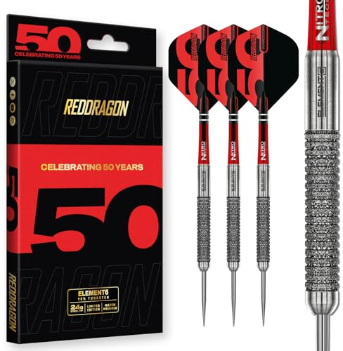 RED DRAGON Darts - 50 Jahresklassiker Kollektion - Element6-90% Wolfram - Professionelles dartpfeile metallspitze Satz - Enthält Steeldarts Pfeile Flüge und Dart Schäfte - Erhältlich in 24g & 25g