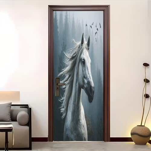 Türaufkleber Selbstklebend Türfolie 77x200 cm Waldtier Pferd PVC Wasserfest Türaufkleber Abnehmbare Grau Art Türposter für Wohnzimmer Schlafzimmer Küche Bad