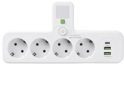 Regleta de Enchufes 4 Tomas Europeas con 3 Puertos USB (2 USB-A + 1 USB-C), Interruptor Independiente, Luz Nocturna LED Integrada, Protección contra Sobrecarga, Potencia Máxima 2500W, Color Blanco
