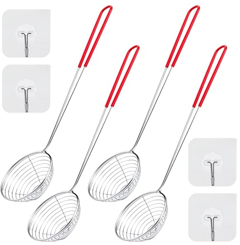 4 piezas colador para olla caliente, espumadera metálica malla fina, cucharón de araña de acero inoxidable, 27.5 x 6.5 cm, con 4 ganchos, para patatas fritas, verduras, carne, pasta, olla caliente