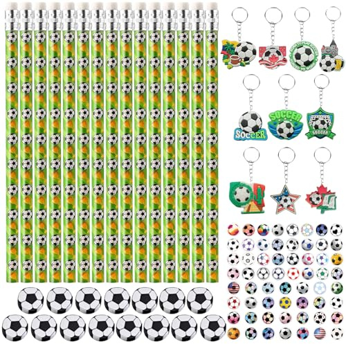 CWENDANER 100-tlg.Fußball Mitgebsel Set-15x Bleistifte,15x Radiergummis,10x Schlüsselanhänger, 60x Aufkleber-Gastgeschenke für Schüler & Fußballfans, Schultüte Füllung,Give-Aways Schule & Verein
