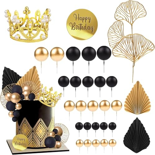 30 Stück Krone Tortendeko Schwarz Gold Torten Deko Kugeln Ginkgoblätter Fächer Birthday Queen Kuchendeko Geburtstag Frau Mann Deko Torte für Jahrestag, Hochzeit, Thema Party
