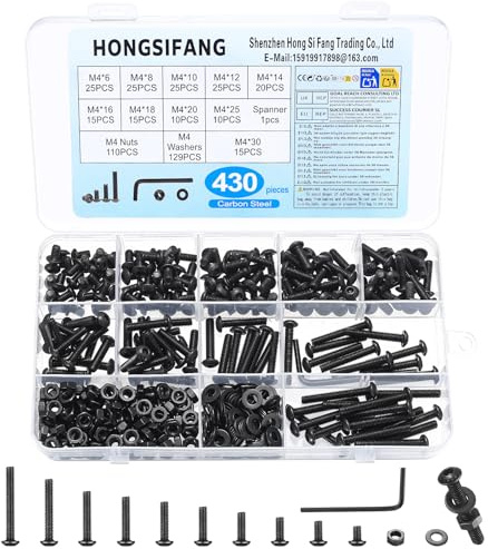 430 PzViti M4, Set di Viti a Testa Tonda con Esagono Incassato | Assortimento di Bulloni e Dadi, set di viti per macchine nere classe 10.9 in acciaio al carbonio con rondelle e chiave