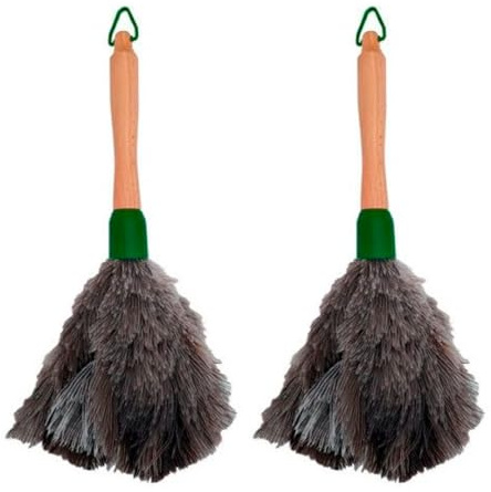 Clim Profesional 2 Plumeros Avestruz 30cm Mango Madera Fabricado España | Plumas Naturales, Carga Electrostática, Atrapapolvo, Suave y Duradero, Apto Muebles y Ventiladores
