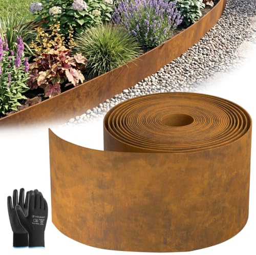 Velway Bordura per Aiuola in Acciaio Corten 10 m, Altezza 14 cm | Bordo Giardino in Metallo Effetto Ruggine, Flessibile per Prato, Ghiaia, Sentieri e Alberi, Guanti Inclusi