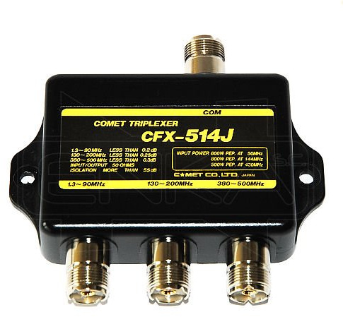 Comet CFX-514J Triplexer 1.3-90/130-200/380-500 MHz RF Signal Combiner and Splitter with 55dB Isolation for Multi-Band HF, VHF & UHF Antenna Systems