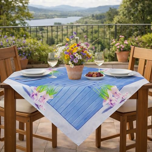 KAMACA Tischdecke 85x85 cm Hyazinthen Blau Fleckschutz Waschbar Mitteldecke Blumen Tischdecke Frühling Tischdeko Küche Esstisch Balkon Terrasse Garten Pflegeleicht Tischwäsche Indoor Outdoor