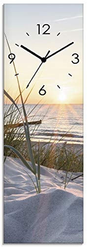 ARTLAND Wanddeko Wanduhr ohne Tickgeräusche Glas Quarzuhr 20x60 cm Rechteckig Lautlos Strand Meer Ostsee Sonne Sonnenuntergang Maritim T9QU