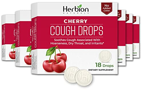 Herbion Naturals Hustentropfen mit natürlichem Kirschgeschmack, 18 Lutschtabletten - beruhigt Halsschmerzen und trockenen Mund - für Erwachsene, Kinder ab 6 Jahren (6 Stück, 108 Hustentropfen)