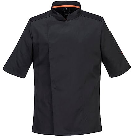 Portwest C738 Men's Mesh Air Pro Chef Jacket Short Sleeve Breathable Durable Slim Fit Texpel Finish Workwear Apron with Sleeve Pocket Machine Washable, Black, L