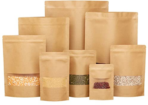 Acidea 100Pcs Stand up Kraft Paper Bag Pouch with Zip Lock and Transparent Window for Storing Food, Nuts, Seeds,Beans, Tea Leaves, Coffee, Candy, Snack, Dried Fruits 3.5×5.5in
