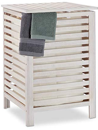 Relaxdays Wäschetruhe Walnuss, Wäschesammler mit Deckel, 52 L, Vintage, entnehmbarer Wäschesack, 65,5 x 45 x 45 cm, weiß, 1 Stück