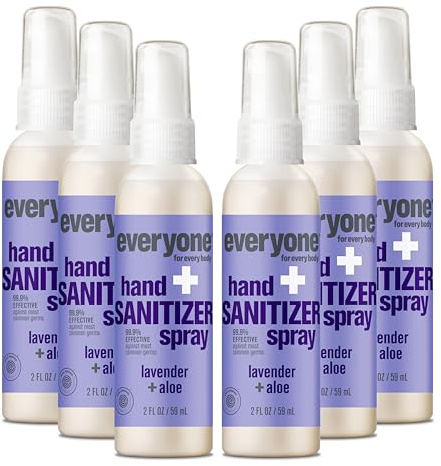 Everyone Hand Sanitizer Spray, 2 Fl Oz (Pack of 6), Lavender and Aloe, Made with Sugarcane Derived Alcohol with Essential Oils, 99% Effective Against Germs TSA friendly