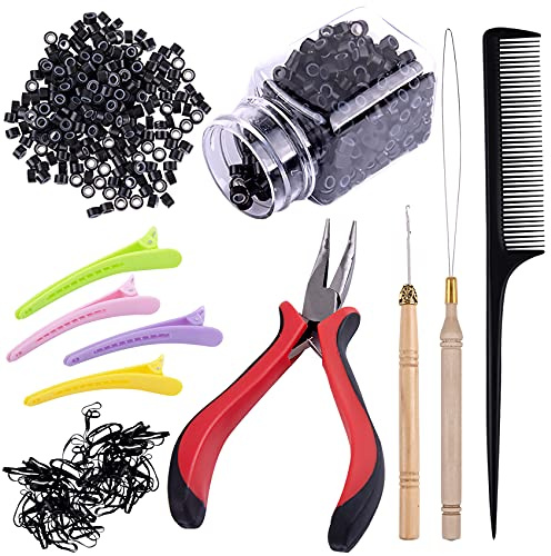 Duufin Hair Extension Kit 500 Pcs Black Hair Extension Beads with Tools | Including Micro Ring Beads, Plier, Loop Needle Threader Pulling Hook, Plastic Alligator Clips, Comb and Mini Hair Elastics