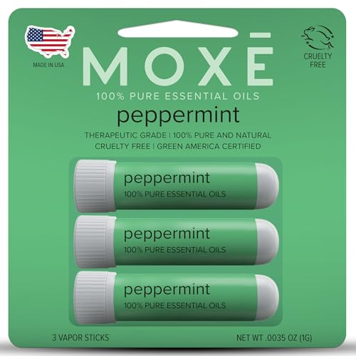 MOXE Peppermint Essential Oil Nasal Inhaler, Therapeutic No-Mess Aromatherapy, Cooling, Refreshing, Invigorating, Uplifts Mood and Positivity, Pure and Undiluted, Made in USA (3 Pack)