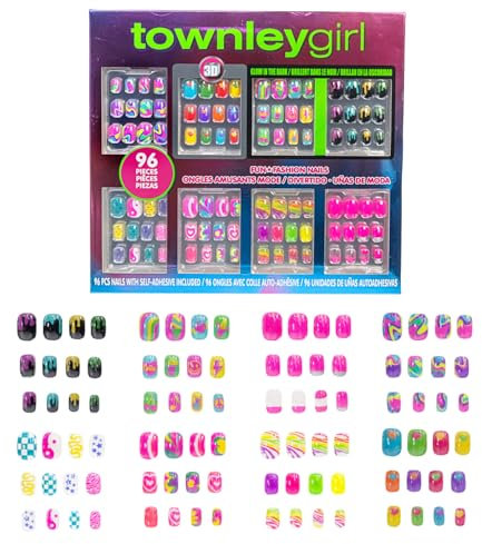 Townley Girl 96-teilige Nägel zum Aufdrücken, einschließlich 3D- und im Dunkeln leuchtenden künstlichen falschen Nägeln, Set für Kinder mit vorgeklebtem, vollständig abdeckendem Acrylnagelspitzen-Kit