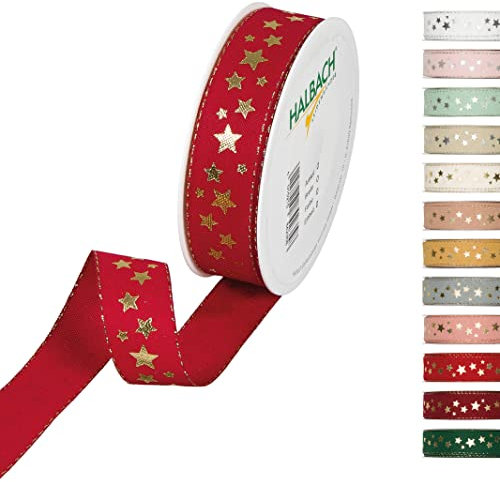 Halbach Seidenbänder 295 Sterne Geschenkband Weihnachten, Polyester, Weinrot, 2.5 cm