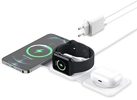 Brifit Chargeur Induction Phone 3 en 1, Universel Qi Pliable Rapide Station de Charge, Chargeur sans Fil Magnétique 15W pour Phone 17/16/15/14/13/12/AirPods/iWatch/S22/S21/Z Flip/Z Fold