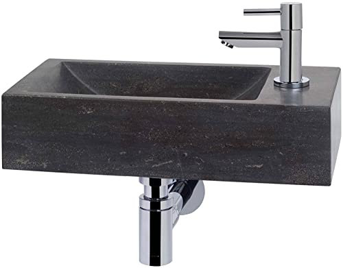 Saqu Nature Brunnen-Set mit Chromhahn Rechts aus Naturstein - Waschbecken für Unterschrank, Waschtisch für Gäste WC