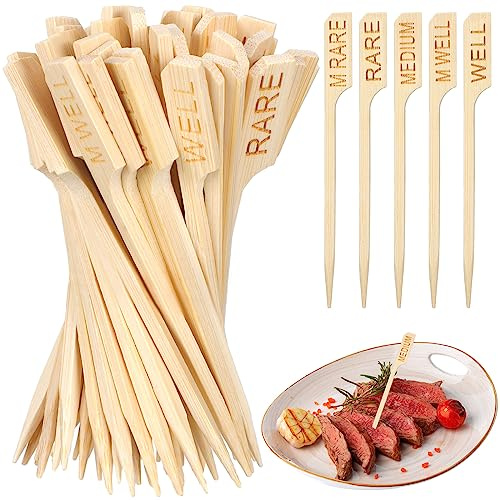 Thyle 200 Pcs 3.94 Inch Assorted Bamboo Steak Markers Wood Christmas Sticks Marker for Meat Steak Temperature Picks Meat Doneness Sticks Paddle Skewers for Holiday, BBQ, Kitchen, Party or Buffets Food