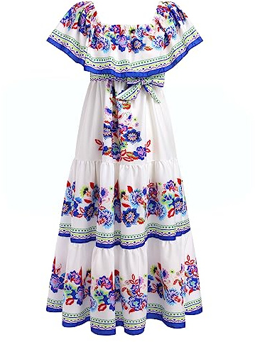 FYMNSI Mexican Fiesta Maxi Dresses for Women Off Shoulder Boho Floral Print Flowy Tiered Long Peasant Dress Graphic Traditional Bohemian Summer Beach Slim Waist Casual Party Dress Blue Flower XL