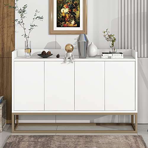 Merax Sideboard Kommode im minimalistischen Stil, Modernes Buffetschrank mit 4 Türen, Metallbeinen, Schubladenkommode mit Verstellbares Regal, Mehrzweckschrank für Esszimmer, Wohnzimmer, Küche, Weiß