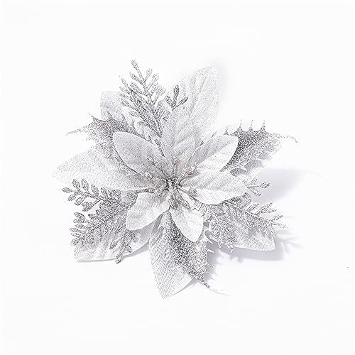 Herfair 16 Stück Weihnachten Glitzer Weihnachtsblumen,Glitter Weihnachtsbaum Dekorationen,für Hochzeit Weihnachtsbaum Neujahr Ornamente (Silber)