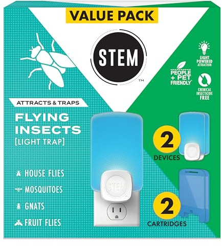 STEM Flying Insect Trap - Indoor Fruit Fly & Gnat Catcher for Home, Kitchen & Any Room, Attracts & Traps Bugs, Soft Blue UV Light - Includes 2 Plug-In Devices & 2 Cartridges