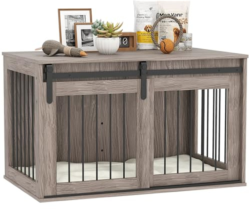 PawHut Dog Crate Furniture for Large Breeds 98 x 58 x 61cm Walnut Brown | Barn Door, End Side Table Pet Kennel, Removable Cushion, Indoor Use