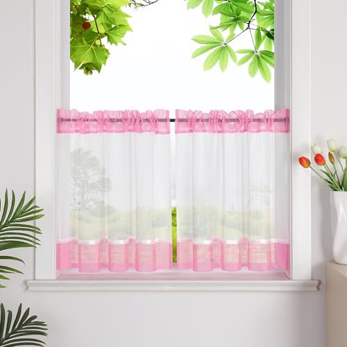 HeichkelL Scheibengardinen mit Streifen Küche Kurzstores Leinenoptik Bistrogardine Kleinfenster Gardine Rosa mit Tunnelzug HxB 60x90cm 1 Stück