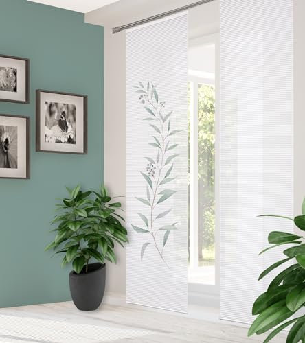 HOME in green HIG Celso Schiebegardine Rec. Polyester, 245x60 cm, 3D- Pflanzenranke, Farbe:Salbei, Größe:245 x 60 cm, Anzahl:4er Set (2X Bedruckt, 2X Uni)