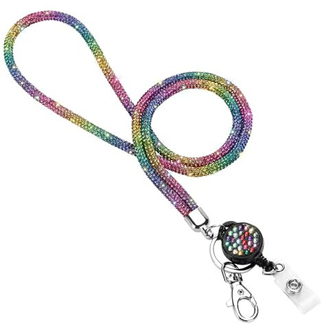 Soleebee Kartenhalter Trageband, Bling Strass Schlüsselband Lanyard mit Schlüsselring Kristall Halsband Damenkette Halskette Kit für Schlüsselanhänger ID-Kartenhalter (Regenbogen mit Ausweis JoJo)