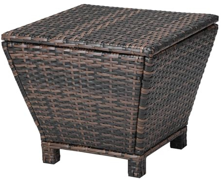 VINGLI 13 Gallon Outdoor Deck Box, Wicker Outdoor Storage Box with Lid, Small Storage Bin Container for Outside and Patio, Patio Rattan Side Table for Yard Porch (Brown, Trapezoidal)