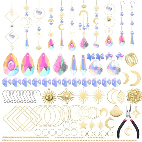 OFFCUP Sonnenfänger Kristall Windspiel, 200 Stück Kristall Anhänger Sets | Hanging Windspiel Kristall Suncatcher Fensterdeko Hängend Lichtfänger Kristalle Ornament für Garten Hochzeiteko - Gold
