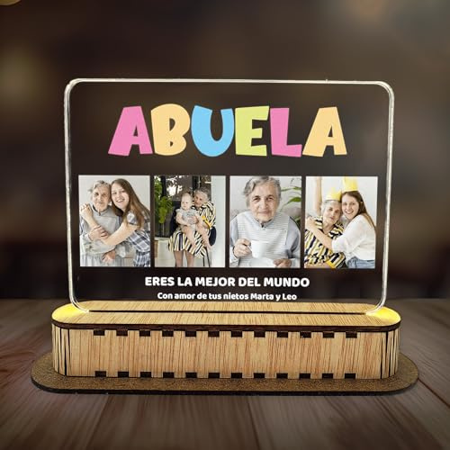 CrisPhy Lámpara Personalizada con Fotos y Frase para Abuela. Regalo para el Día de la Madre y Cumpleaños. Regalos Originales para Abuela. Diseño con la Palabra Abuela en Placa de Metacrilato con Luz