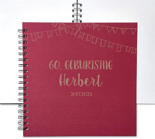 Feenstaub Fotoalbum personalisiert Geburtstag mit echtem Leineneinband, Geburtstagsgästebuch mit Namen, Ringbuch 25x25 cm, blanko Erinnerungsbuch für Gäste, für Frau und Mann