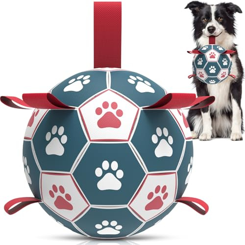 HETOO Hundeball Hundespielzeug Ball mit Seil Hundefußball (6 Zoll Rot Blau) | Interaktive Hunde Ball für Touring, Langlebig Hoher Sprung Schwimmende Ball für Hunde Geburtstagsgeschenke Indoor Outdoor