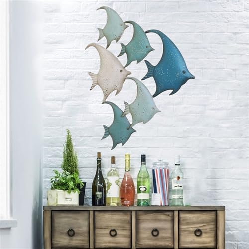 Wanddekoration aus Metall, Fische, 3D-Fische, Wandskulpturen, großer Fischschwarm, Wandkunst, modernes Strandthema, Fische, Ozean, ation C
