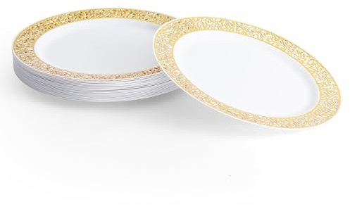 MATANA 40 Premium Weiße Plastikteller mit Goldrand, Mehrweg Kunststoffteller, 26cm - Partyteller Gold für Hochzeiten, Geburtstage, Partys - Elegantes & Stabiles Partygeschirr