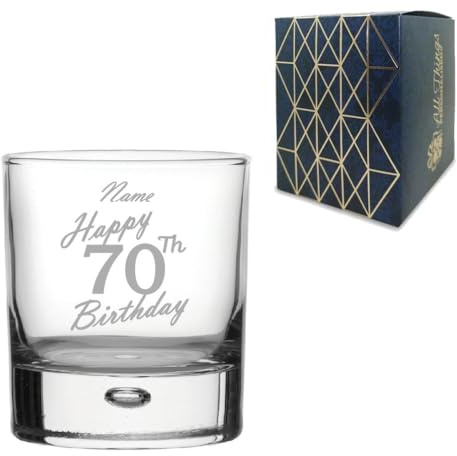 Personalised Engraved Whisky Glass, Happy 70th Birthday Handwritten Design, Bubble Whisky Glass, 11.5oz or 330ml Capacity, Customise with Any Name, Gift Boxed